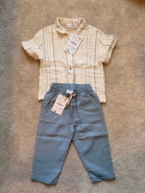 Zara Cream Striped Button-Up with Light Blue Drawstring Pants